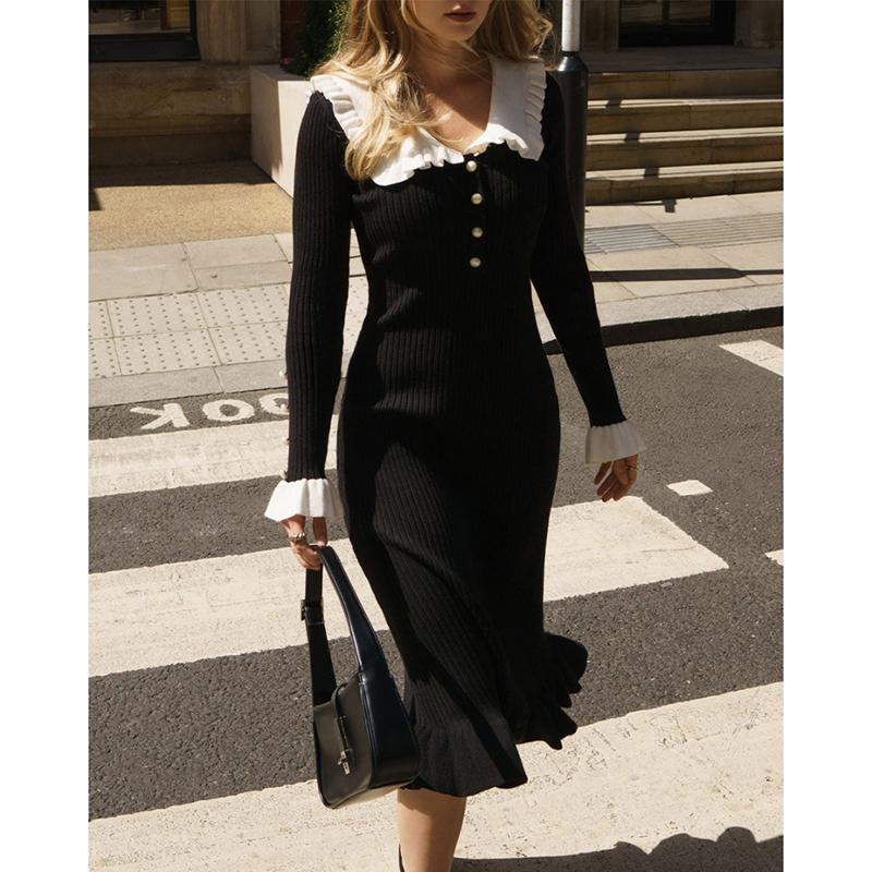 Podzimní Pletené Šaty s Dlouhým Rukávem a Volánky Dámská Móda Zimní Slim Fit Svetrové Šaty s Vysokým Pasem Dámské Elegantní Vintage Sexy Párty Ležérní Šaty 25085