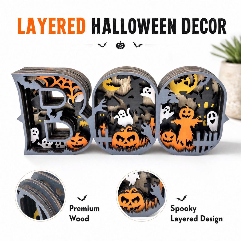 Wooden Halloween Letter Sign, 3D Multi-Layer Statue Decoration Ornament for Home Decor