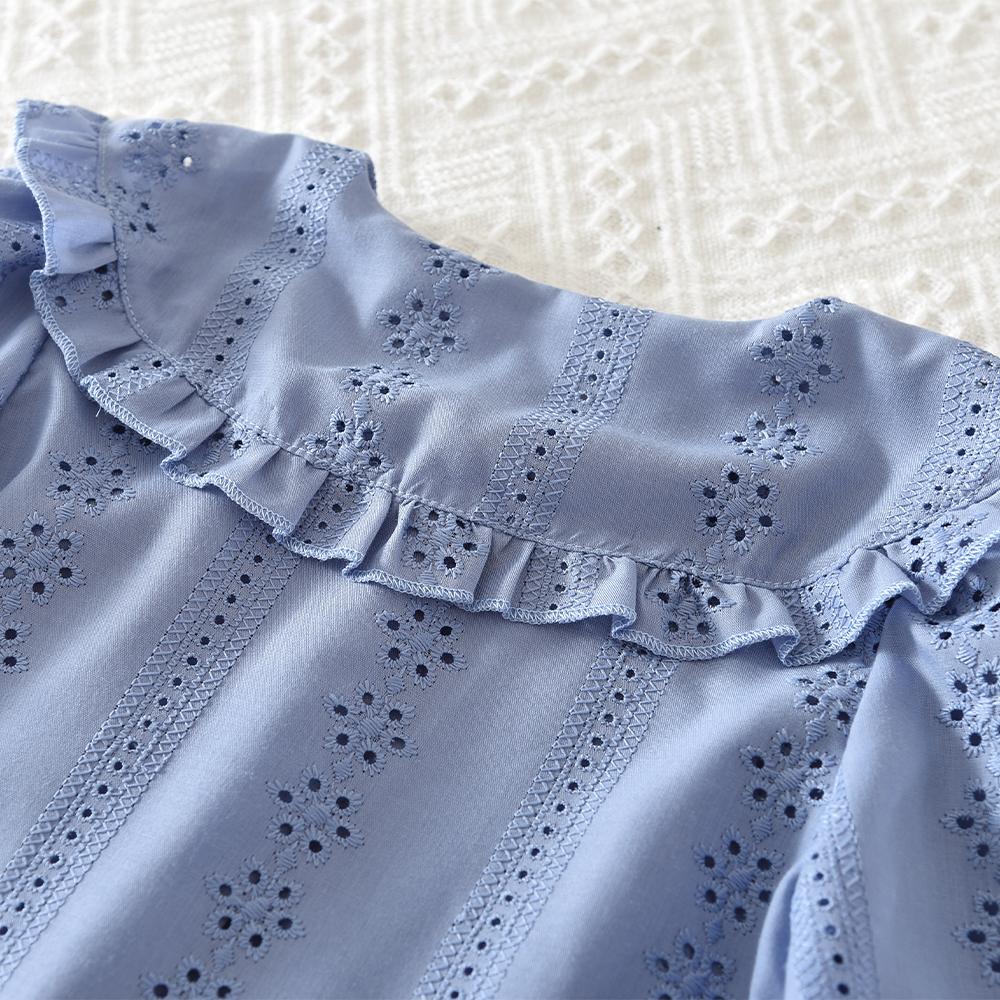 Blue Embroidered Flower Kids Clothes Girls Autumn Long Sleeved Lapel Single Breasted Shirt Top+Short Skirt 2Pcs Set