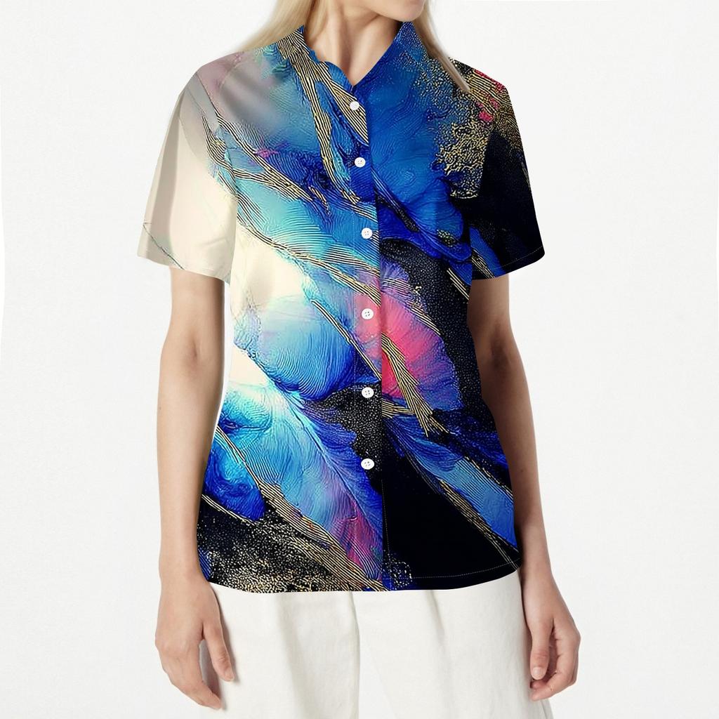Women’s Casual Short Sleeve Button Down Shirt Summer Lightweight Beach Texture Print Relaxed Fit Top for Outdoor Activities