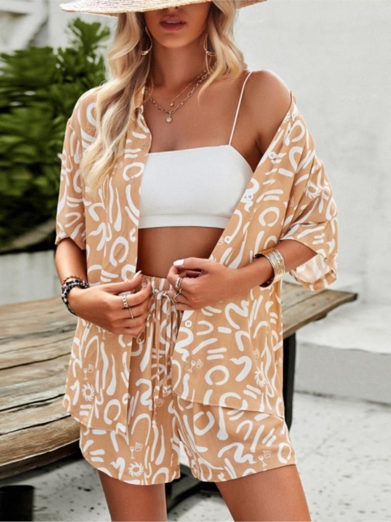 Women's Spring Summer New Fashionable Printed Button Shirt Strap Waist Shorts Set Casual Comfortable Collar Two Piece Set