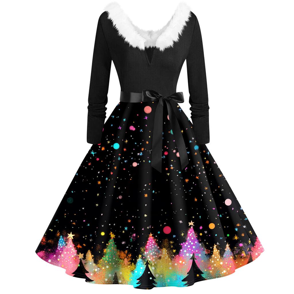 Women's Fashion V-Neck Casual Slim Christmas Printed Long Sleeve Hair Collar Dresses