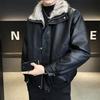 Mens Warm Fleece-Lined PU Leather Jacket Winter Outerwear Loose Fit Solid Color Short Coat Casual Wear