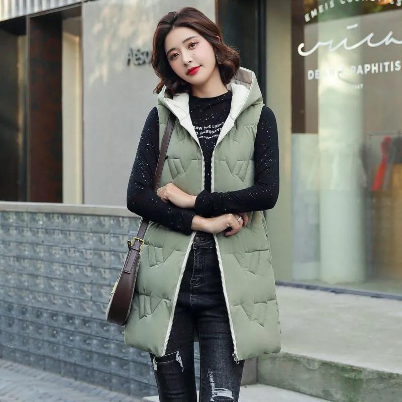 Down Cotton Vest Women's Mid-length Plus Size Thickened Autumn and Winter Fashion Slim Hooded Waistcoat Outer Wear