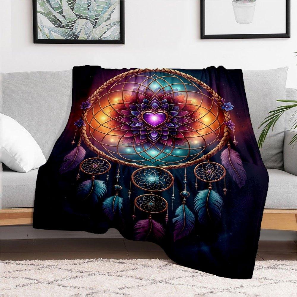 

Bohemian Dreamcatcher Wall Art: Vibrant Feather Mandala Decor Blanket Flannel Throw Blanket for Sofa, Bed, Travel, Camping, Office, Couch, 150x180cm