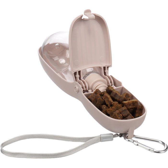 Gourde pour chien - EDEN - Takor Taupe - 2-en-1 eau &amp; friandises - 460ml+100ml - Mousqueton