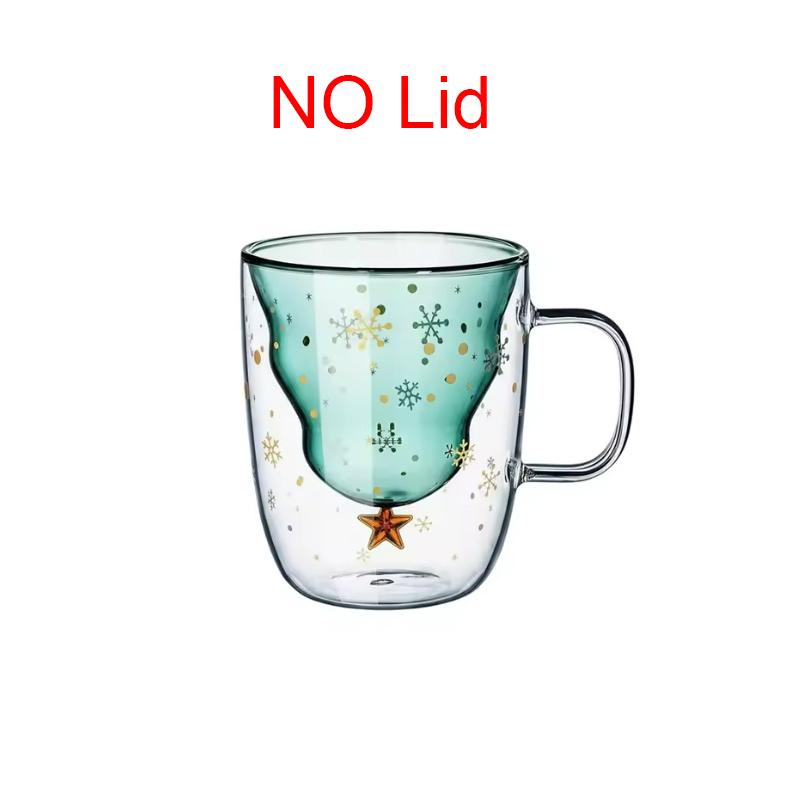 

D2 Christmas Coffee Mugs Holiday Water Cups 10oz Double Wall Glass Tableware with Lid and Handle Tree Snowflake Glassware 300ML