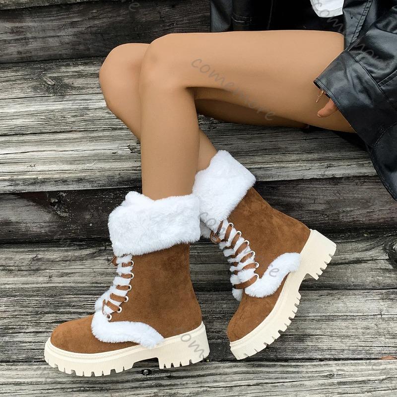 Comemore Thicken Plush Snow Boots for Women Winter Fur Platform Woman Mid-calf Lace-up Snow Boots Plush Casual Cotton Shoes