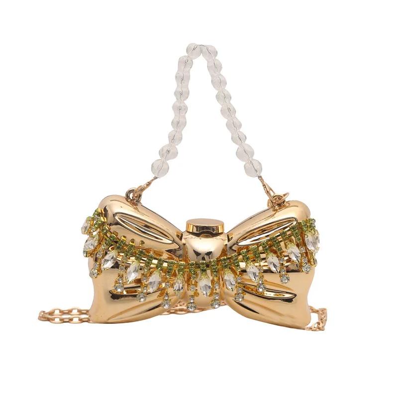 Metal Mini Bag Rhinestone Tassel Shoulder Bags Women's Chain Crossbody Chain Box Bags Gold Evening Bag