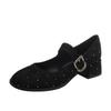 Polka Dot Drill Black Mary Jane Shoes Women's Thick Heel Round Head One-word Strap Single Shoes Cashmere Spring and Autumn