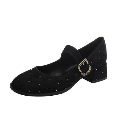 Polka Dot Drill Black Mary Jane Shoes Women's Thick Heel Round Head Oneword Strap Single Shoes Cashmere Spring and Autumn