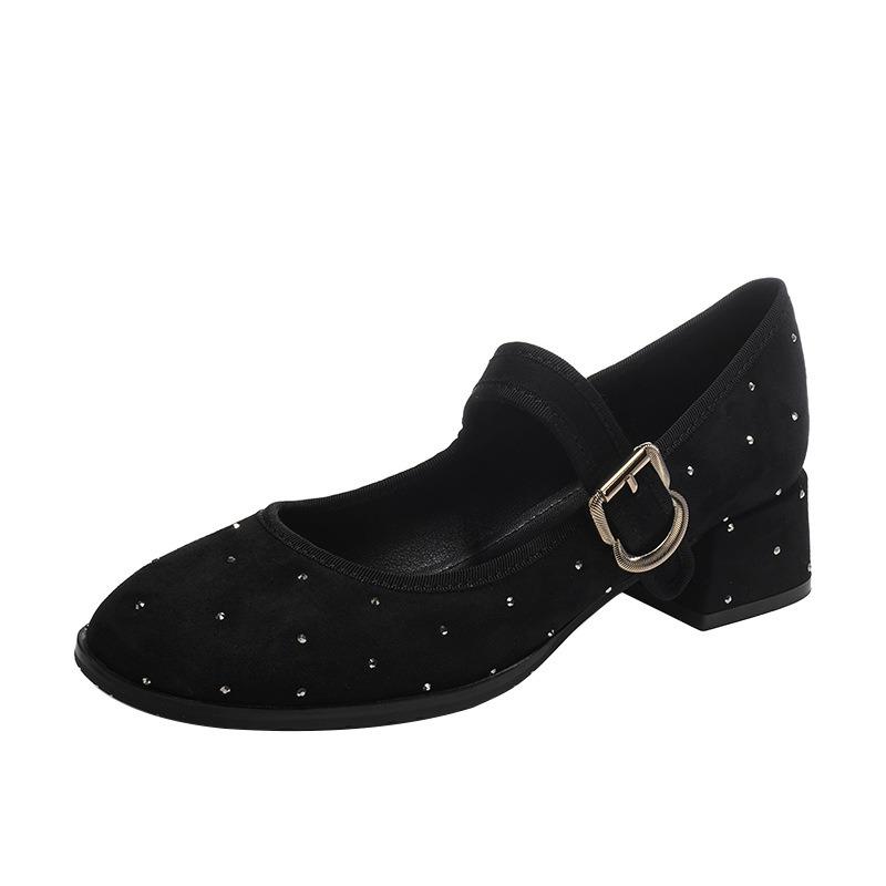 Polka dot drill black Mary Jane shoes women's thick heel round head oneword strap single shoes cashmere spring and autumn