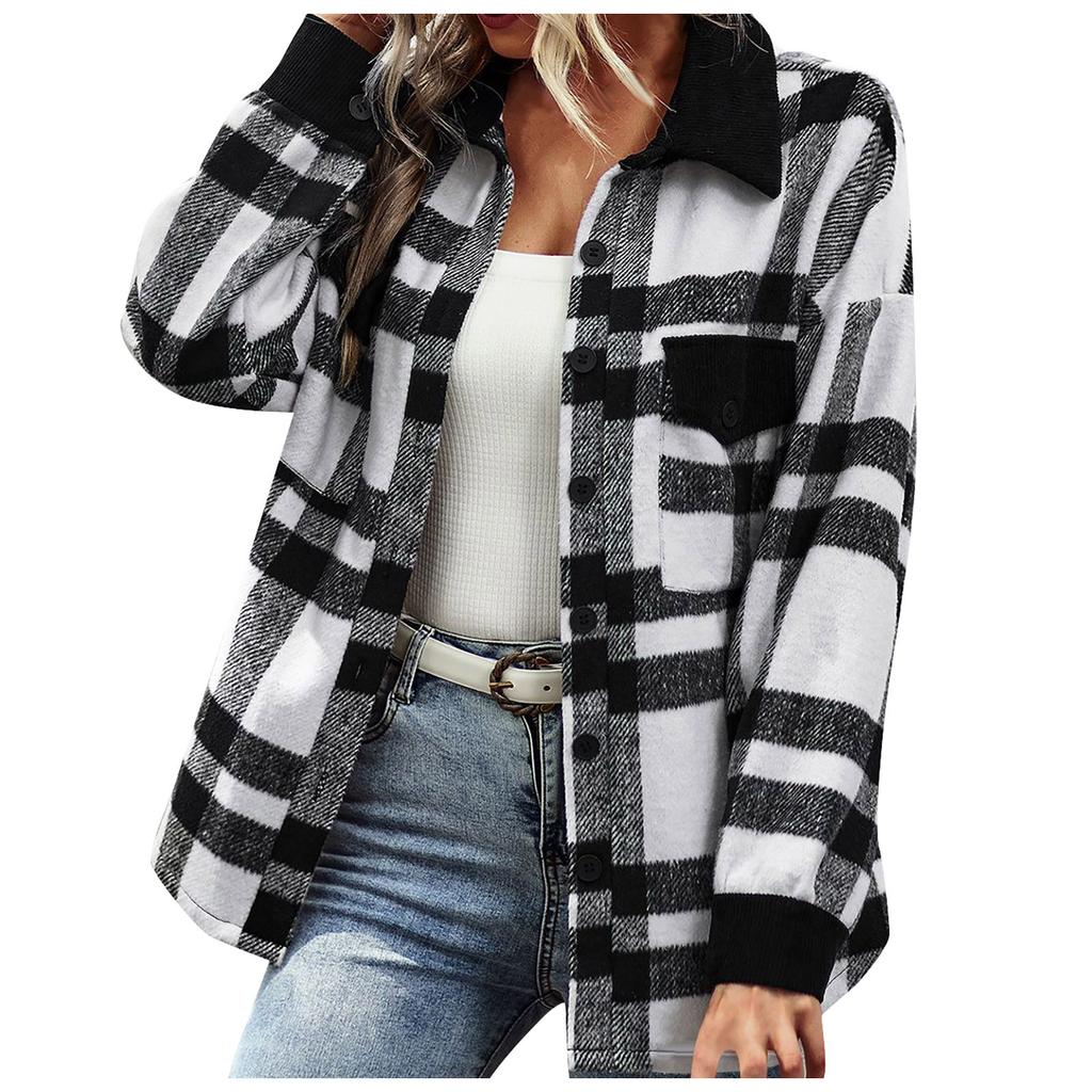 Women's Fashion Plaid Long Sleeve Loose Casual Fall And Winter Tops Jacket