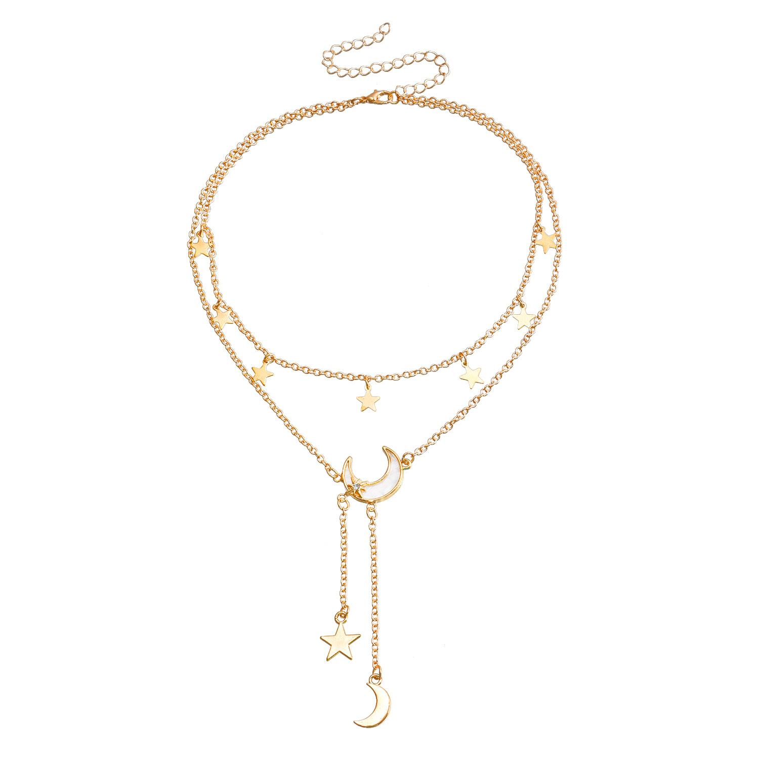 

European and American jewelry, fashionable Y-shaped double-layer long tassel star crescent necklace women, niche metal necklace золотой