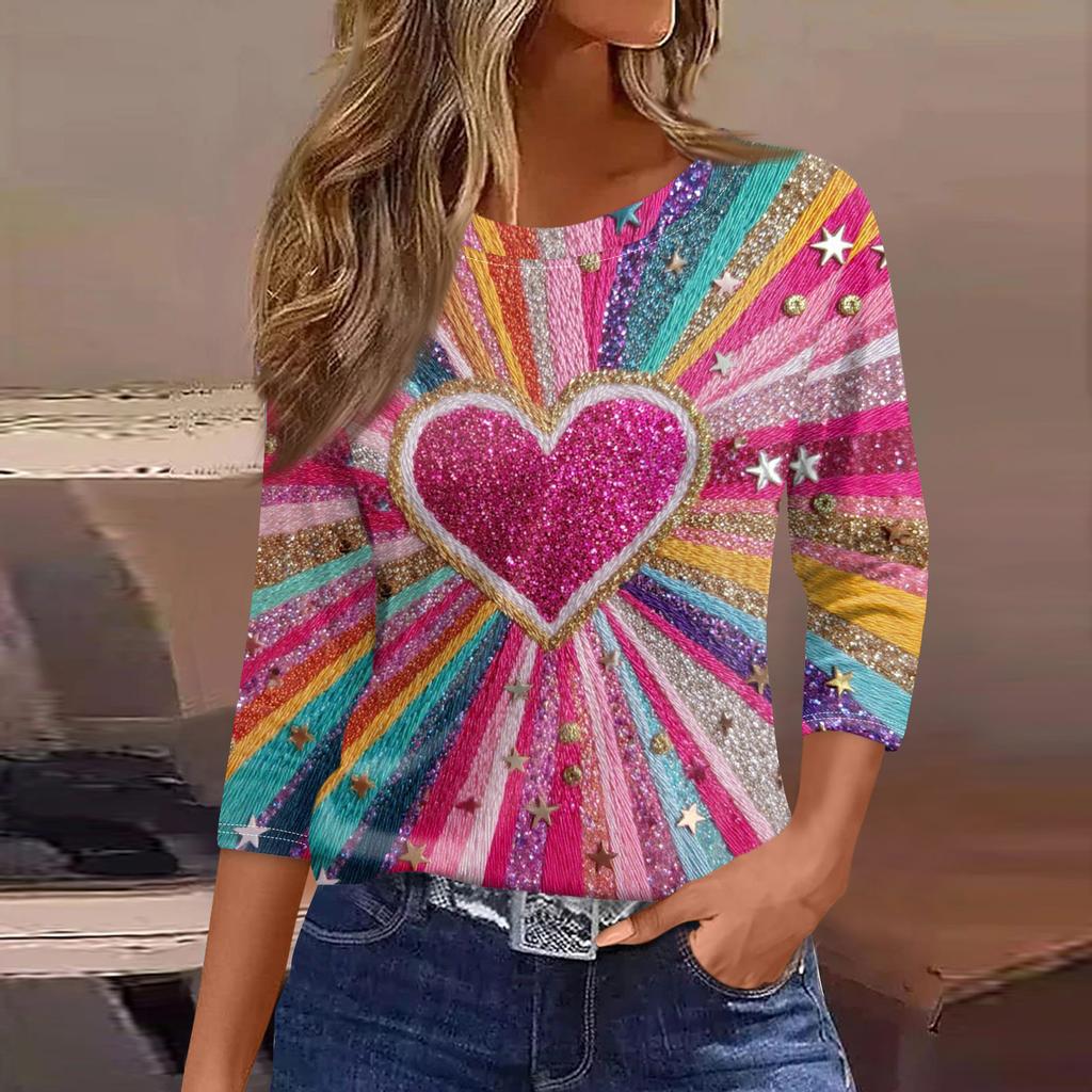 Damen Modisches Lässiges Dreiviertelarm Bedrucktes Rundhals-Top