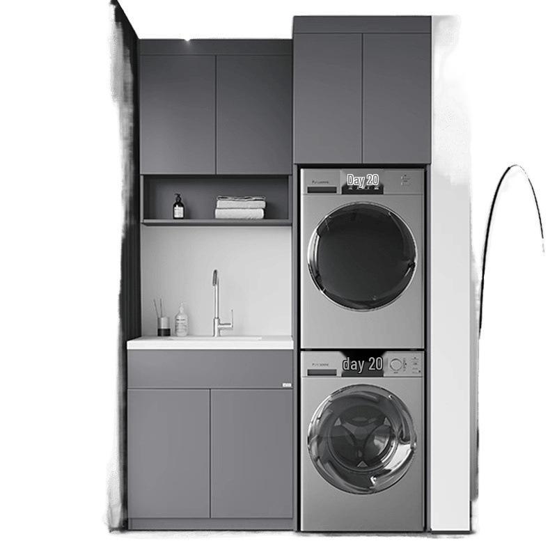 Balkonschrank mit Waben-Aluminiumplatte für Waschmaschine/Trockner, integriertem Waschbecken und Eckdesign Badezimmerschrank