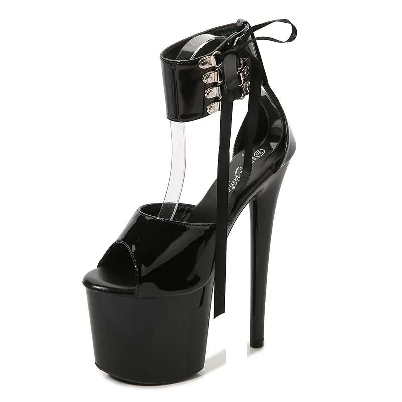 Módní lakovaná kůže 20cm extra vysoké boty na podpatku, tenké podpatky, sexy nýty, voděodolná platforma, nenáviděné nebesky vysoké ultra vysoké sandály