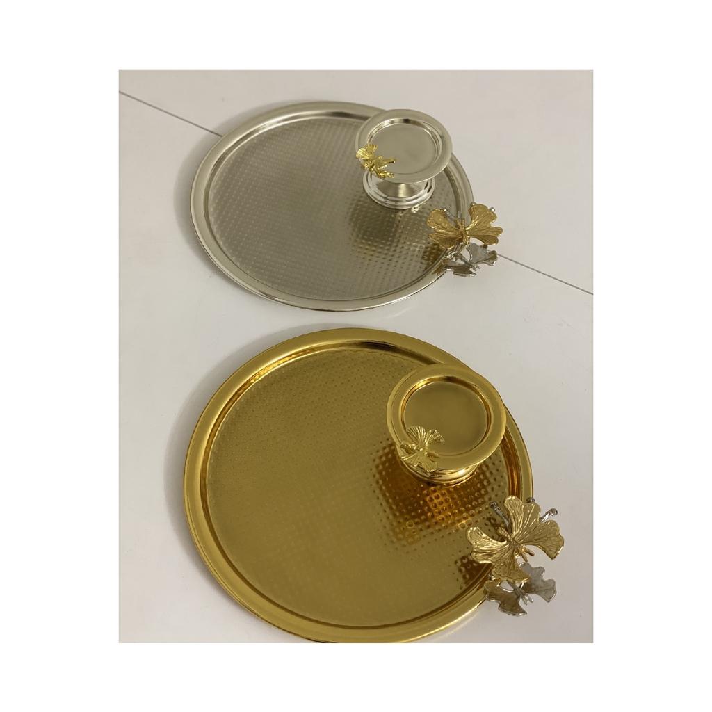 Set Of 2 Gold And Silver Color Tray And Macaron Holder Butterfly Model Round