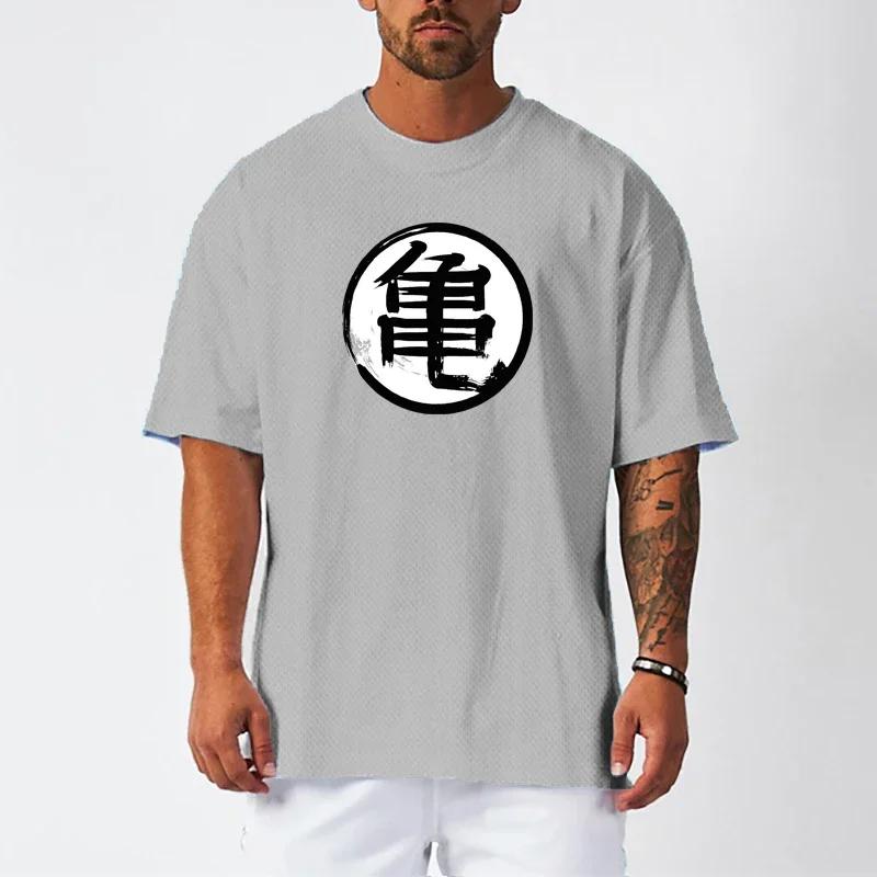 Muscleguys Japanese Turtle Script Printed Oversized Quick Dry Mesh Running T-shirts Men Half Sleeve Loose T Shirts Streetwear Hip Hop Shirt