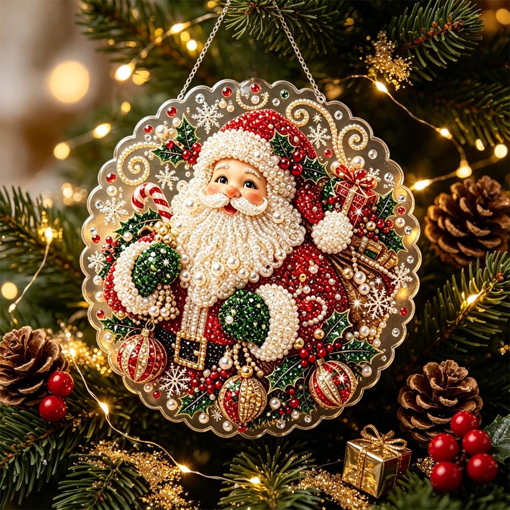 Christmas Pearl Diamond Painting Suncatcher Kit Diy Craft Metal Chain 3d Mixed-sized Pearl Beads Craft Festive Window Wall Decor