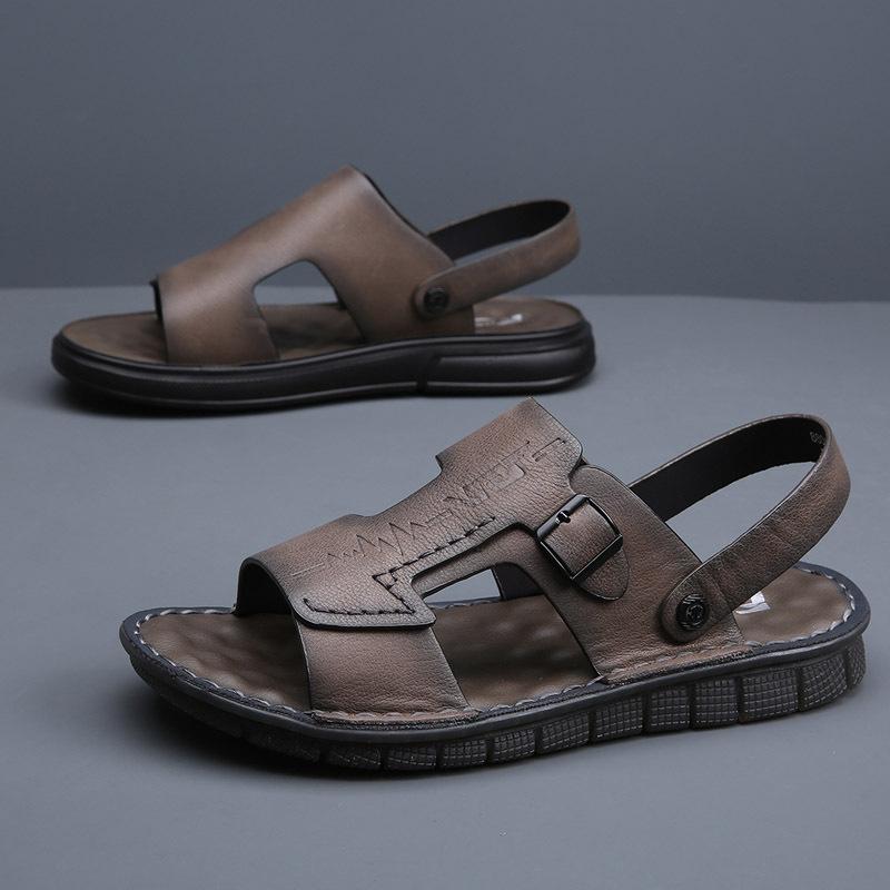 

Summer breathable first-layer cowhide cool slippers beach shoes 2025 new outer wear dad non-slip wear-resistant leather slippers 44 серый