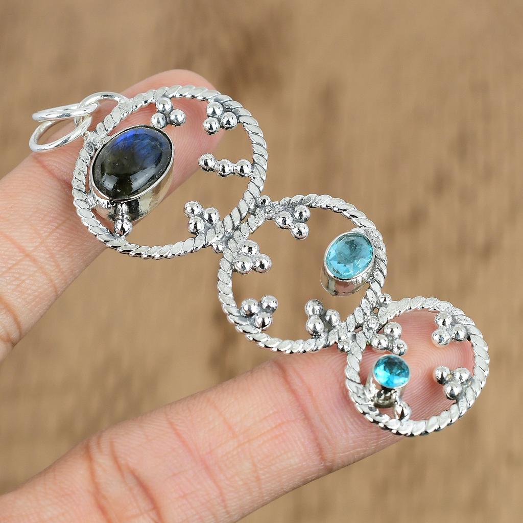 Natural Labradorite Gemstone Pendant Handmade 925 Sterling Silver Indian Jewelry