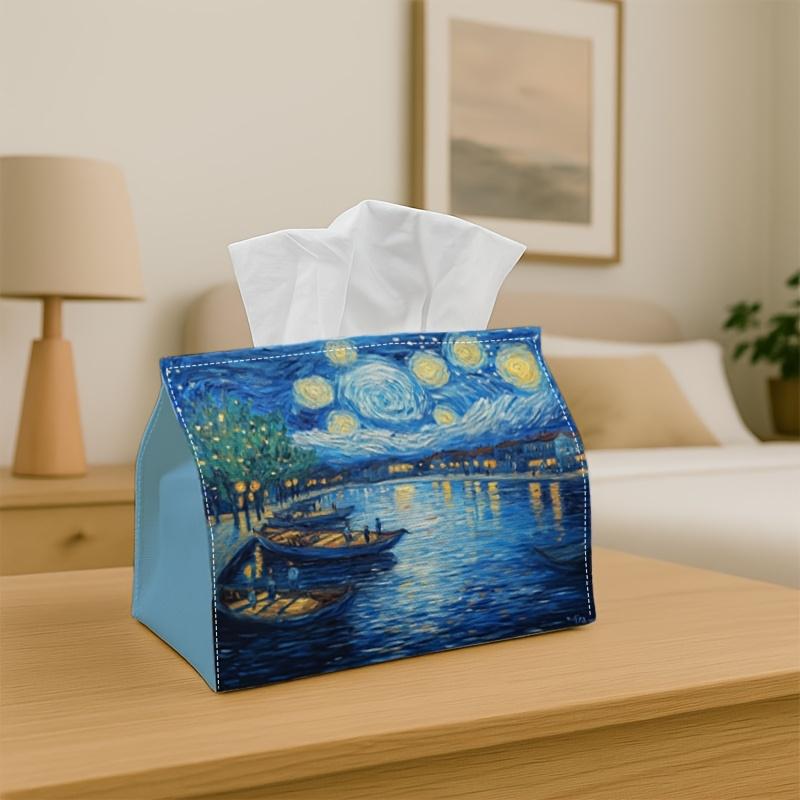 1pc Classic Art Landscape Tissue Holder | Versatile Napkin Dispenser, Ideal for Home Use, Gatherings, And Car Decor in Starry Night Design - Stylish T