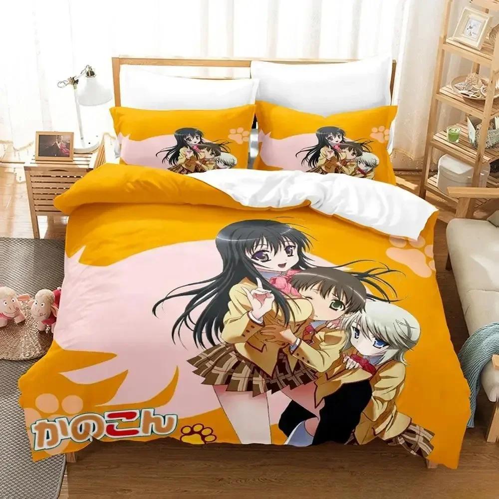3D Anime Kawai Young Girls Kanokon Beding Set Printed Bed Linen Set With Pilowcase Soft Duvet Cover Soft Single Double Quen Super King-Sized Dimension