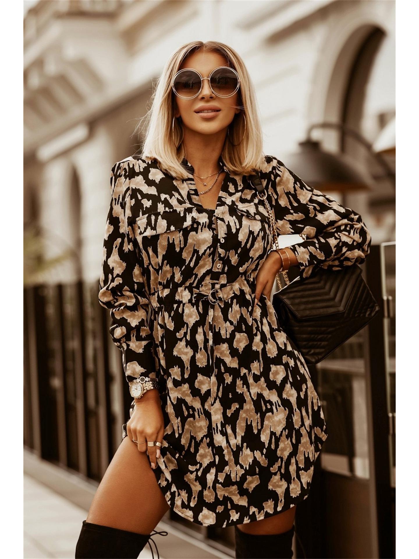 

Европейское и американское платье-рубашка с длинным рукавом с принтом, завязывающееся на талии, осень/зима 2021 Medium