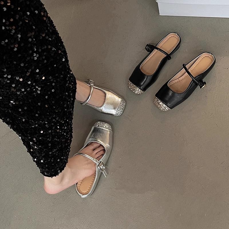 Wedge heel half slippers gentle temperament niche silver spring and summer flat French bag head Mary Jane shoes bag head cool slippers
