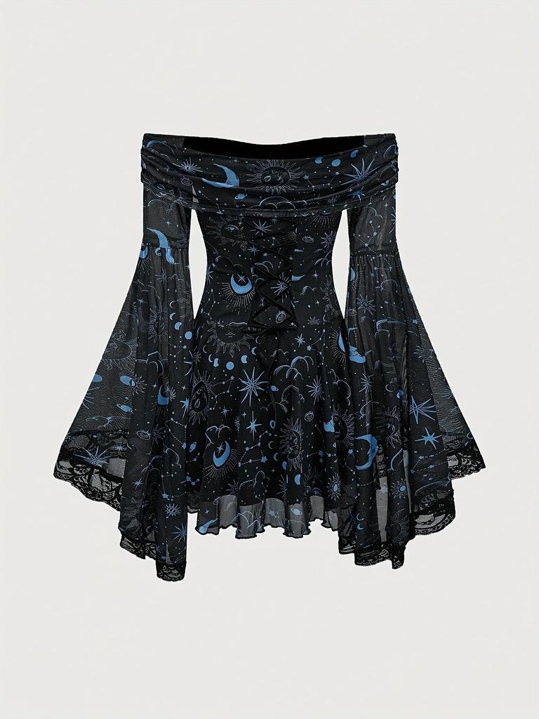 Gothic Star Moon Off-Shoulder Bell Sleeve A-Line Dress