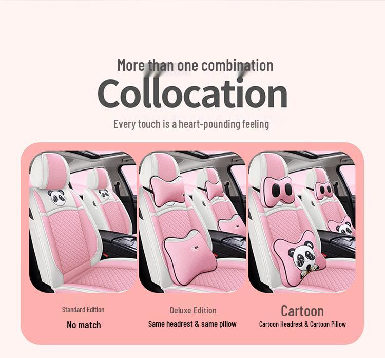 Universal Linen Cartoon Panda Car Seat Cushion Set for All-Season