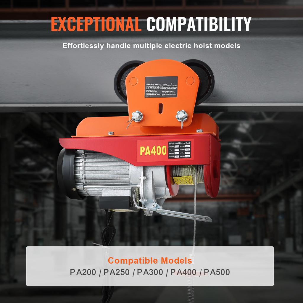 SucceBuy Elektrischer Hebezug Manueller Fahrwagen 2200 lbs/1T Kapazität für PA200 PA250 PA300 PA400 PA500 Schiebe-Trägerfahrwagen mit Doppelrädern