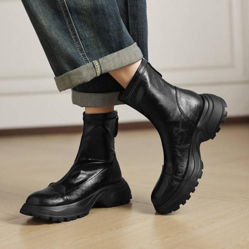 Autumn and winter women's leather boots solid color medium heel round head versatile large size women's boots genuine leather medium boots sheepskin 