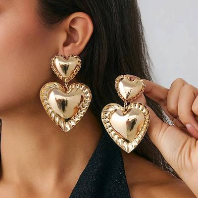 Salircon Vintage Metal Double Heart Drop Earrings Women Exaggerated Gold Color Large Love Personality Earring Party Jewelry Gift