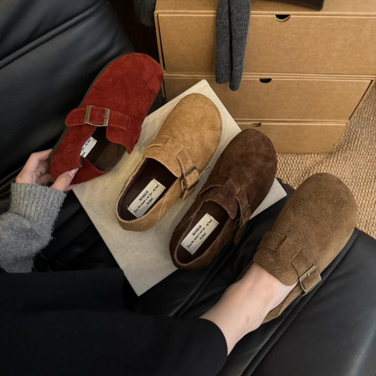 

2025 new Korean version round head belt buckle thick-soled matte leather women s Boken outer wear commuter women s single shoes 39 хаки