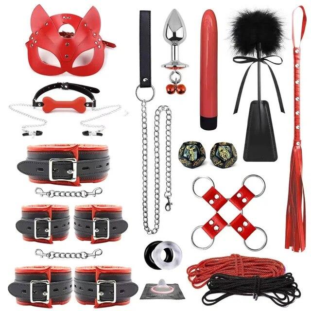 Bondage Set BDSM Kits Adults Sex Toys for Women Men Handcuffs Nipple Clamps Whip Spanking Fetish Metal Anal Plug Vibrator Butt