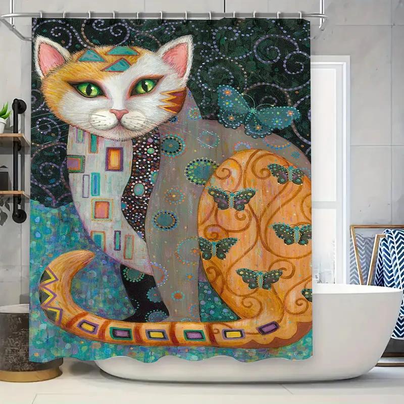 Vibrant Floral Cat Shower Curtain 3D Printed Wall Decor for Bathroom Waterproof Fabric in Multiple Sizes