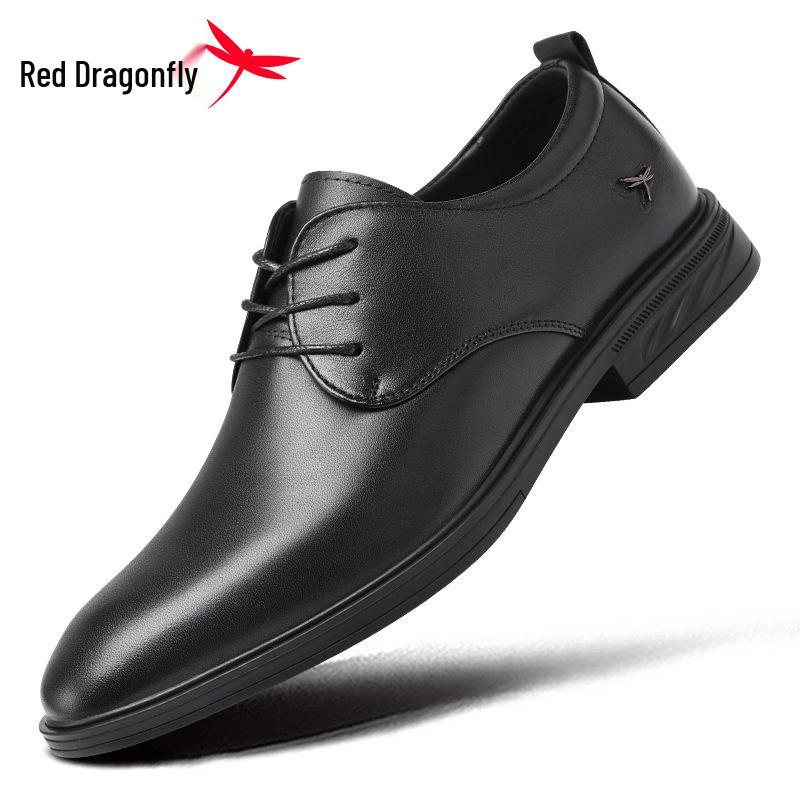 Red Dragonfly Men's Black Leather Shoes - British Style, Soft Sole, Ideal for Weddings, Business, and Casual Wear.