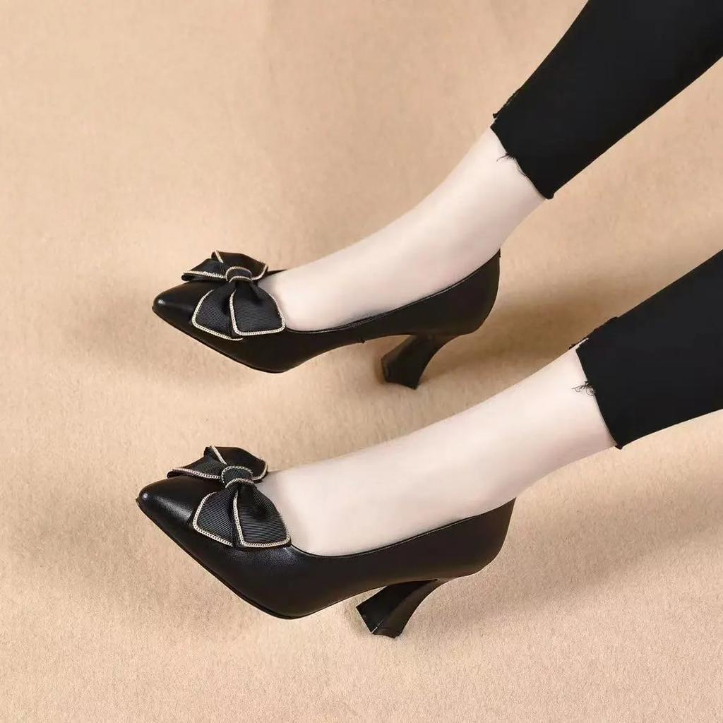 Women Fashion Sweet Light Weight Bow Tie Spring Slip On Stiletto Heel Shoes for Office Lady Elegant Black Pumps Ab535