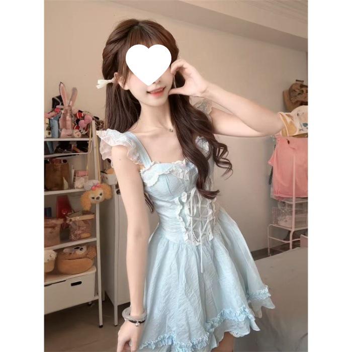 Women s Cute French Blue Lace Spaghetti Strap Dress with Fluffy Short Skirt Medium