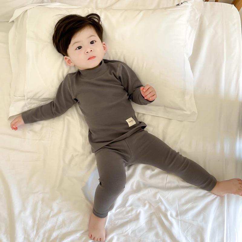 Unisex Baby Cotton Thermal Set: Cozy Brushed High-Neck Top & Trousers for Autumn/Winter