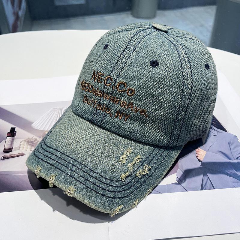 

New denim ripped retro letter embroidered baseball hat street fashion versatile face cap 55-59Cm (adjustable)