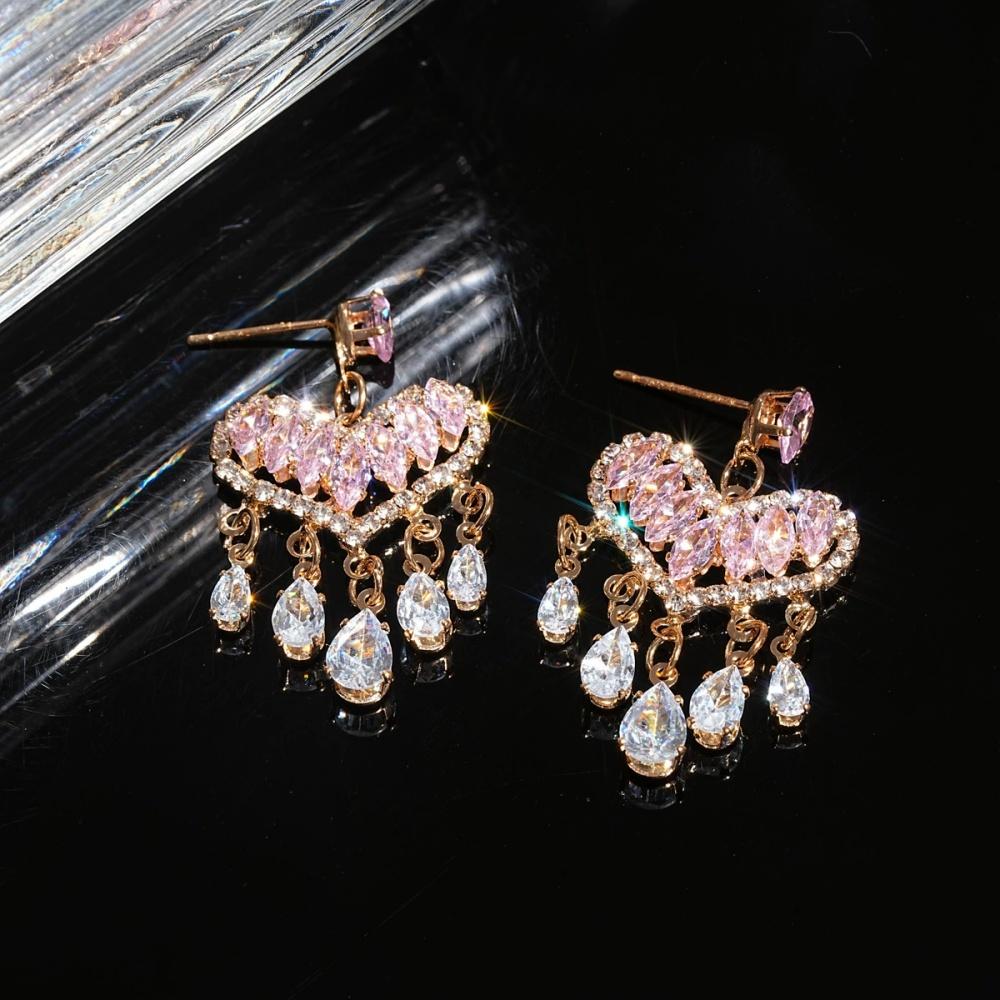 New Pink Zircon Water Drop Tassel Heart Earrings Unique Fashionable Versatile Exquisite Light Luxury Temperament Jewelry Gift розовый