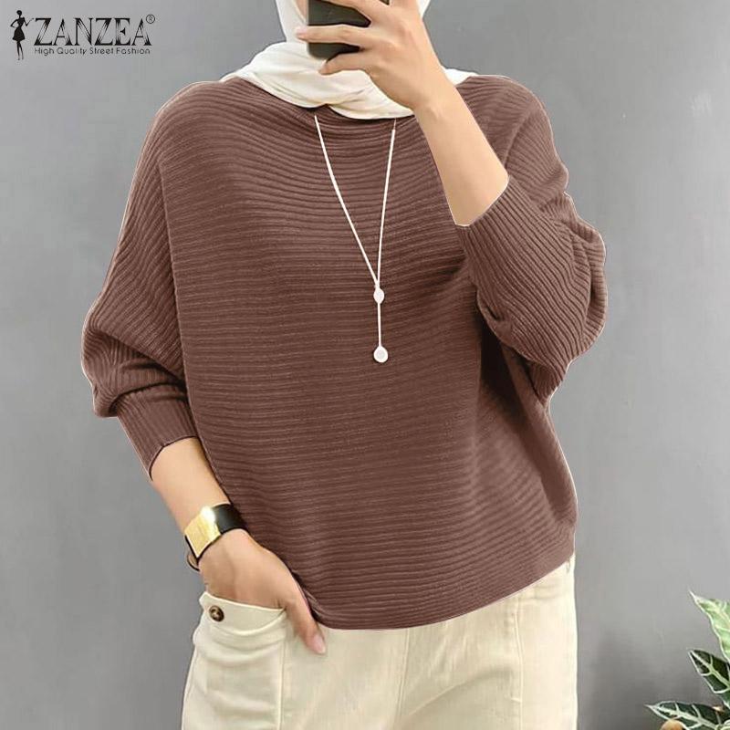 ZANZEA Women Casual O-neck Solid Color Bat Sleeve Rib Thin Blouse Tops