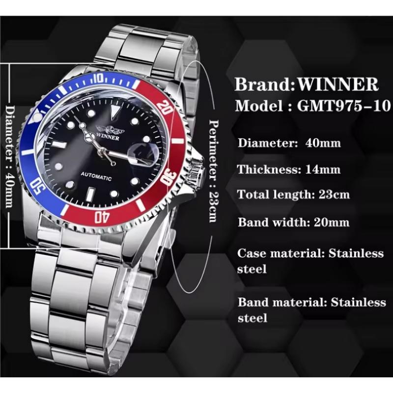 Winner Men's Automatic Mechanical Watch Waterproof Full Stainless Steel Strap Calendar Luminous Casual Business Watches For Men