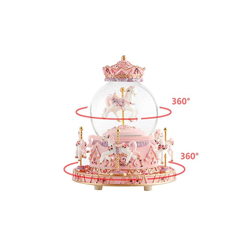 Snow globe with music box, color LED lights, merry-go-round, and crystal balls for automatic snowfall. A popular birthday or Christmas gift for girls,