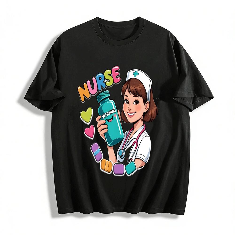 Cute Nurse Vitamins Graphic Casual Short Sleeve T-Shirt Pure cotton T-shirt XXS