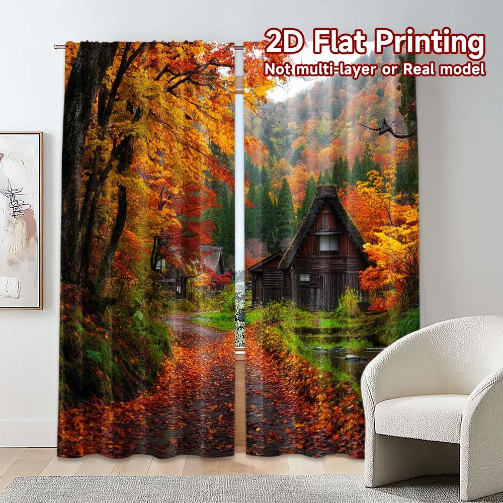 2pcs, 2D FLAT PRINTING Curtains (Without Rod) Autumn Pathway Chic Curtains Versatile Polyester Curtains All Seasons Decorative