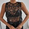 Fringe Crop Top Embroidery Sheer Camisole Chic Sequin Vest Tops  Streetwear